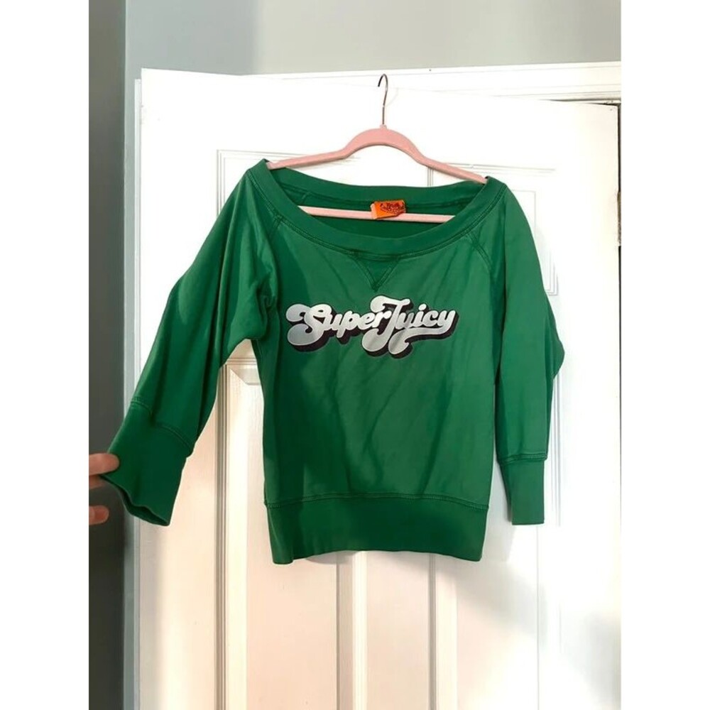 Sz. S Vintage Y2K Juicy Couture "Super Juicy" Green Boatneck Sweatshirt